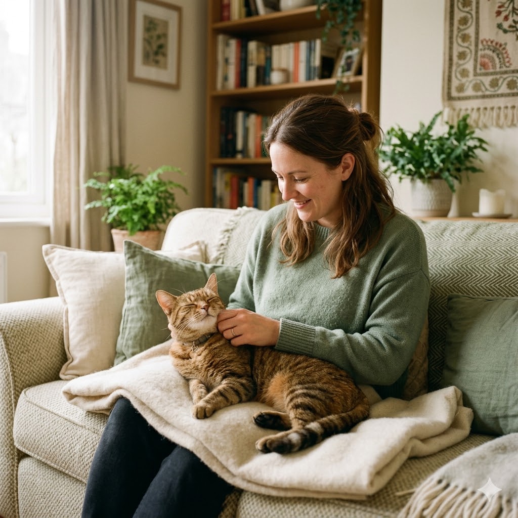 Professionele kattenoppas aait een tevreden kat in een gezellige woonkamer